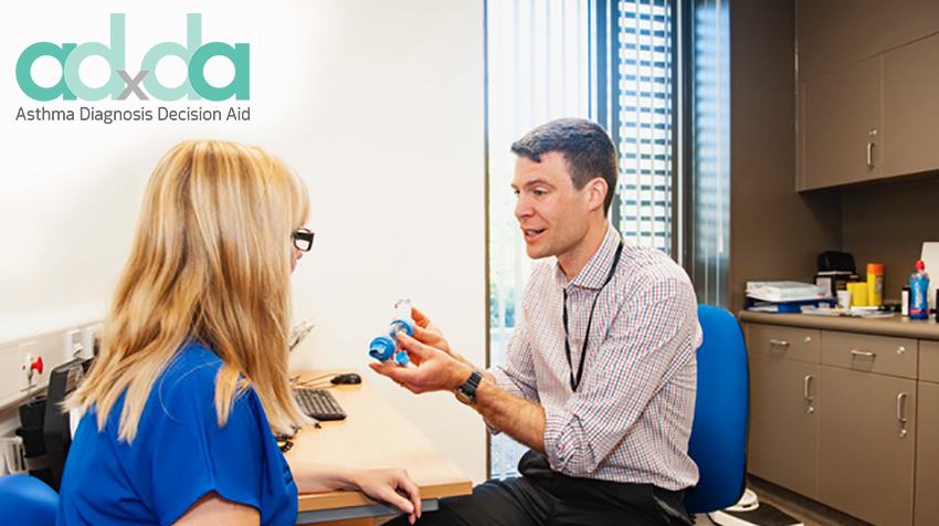 GP demonstrating correct asthma inhaler and spacer technique to patient, ADxDA logo appears in top left hand corner