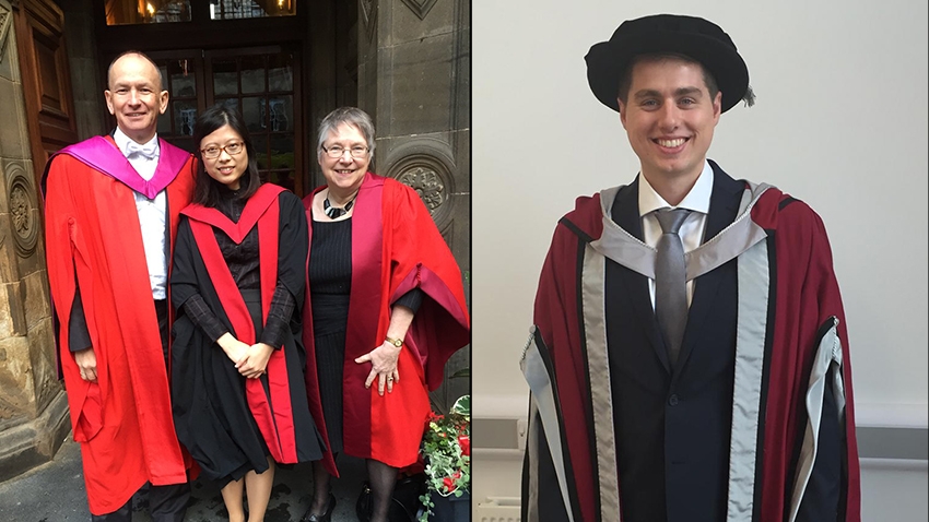 Io Hui with Professors Brian McKinstry and Hilary Pinnock at her graduation in Edinburgh, and Charlie Winn at his graduation in Swansea